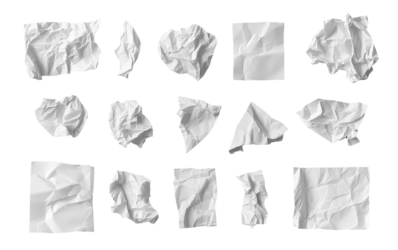 big set of crumpled paper isolated