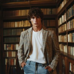 Young man in a library, posing in front of bookshelves.