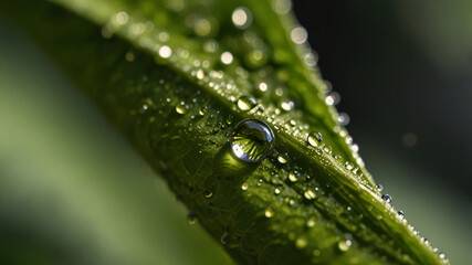 Water drops on green leaf.