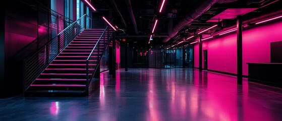 Modern interior with colorful lights highlighting a spacious staircase and reflective floor.