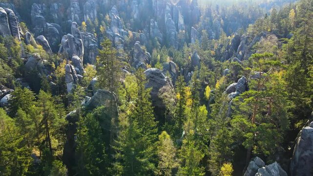 Aerial view of the Teplice Rocks, landscape of the Adrspach-Teplice Mountain Park in the Broumov Uplands region of Bohemia, Czech Republic