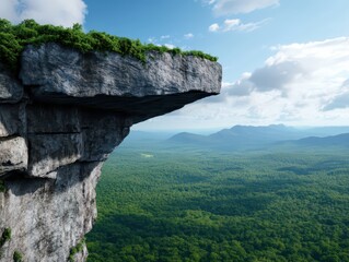 Untouched remote craggy cliff featuring a dramatic hanging overhang against a clear blue sky.