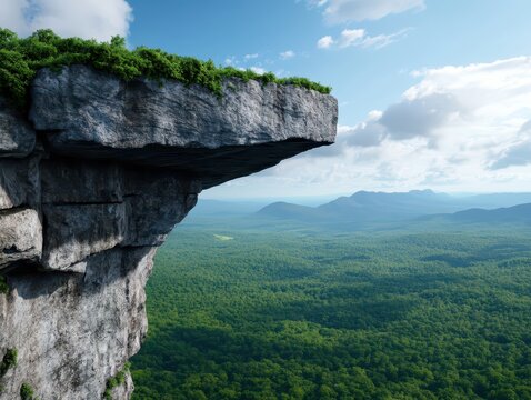 Untouched remote craggy cliff featuring a dramatic hanging overhang against a clear blue sky.