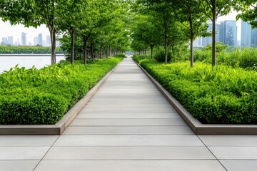 Obraz premium Serene Riverside Park: Lush Greenery and Inviting Walkways for Tranquil Strolls and Nature Appreciation