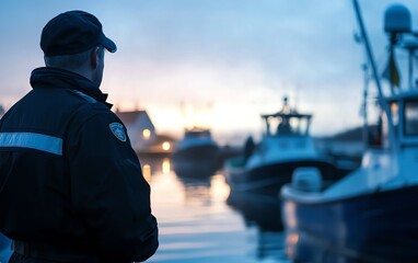Obraz premium A person observing fishing boats at dawn, reflecting the tranquil atmosphere of coastal life.