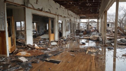 Fototapeta premium Destruction and Devastation in Tornado-Damaged Building: Interior with Debris, Broken Windows, Scattered Metal and Wood Low Angle View