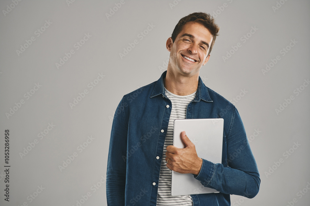 Aufkleber happy, portrait and tablet with man in studio isolated on gray background for app download or update