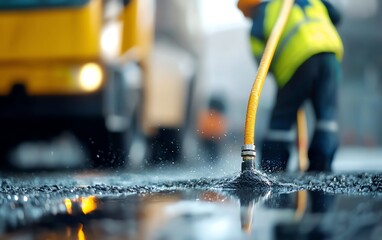 A worker uses a hose to spray water on freshly laid asphalt in a construction zone.