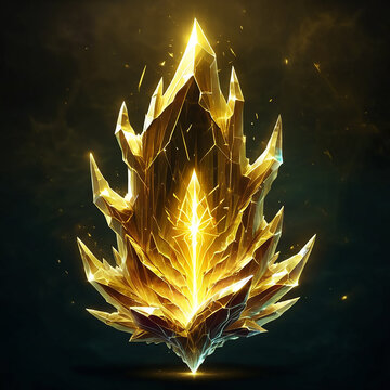 A glowing, golden crystal shard with a jagged, pointed shape, radiating light against a dark background. The shard appears to have a central core of intense light.