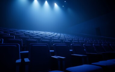Fototapeta premium Empty theater with blue lighting casting shadows on rows of seats, creating a dramatic atmosphere.