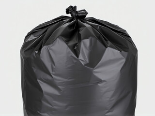 A black garbage bag placed on a clean white background, emphasizing its shape and texture.