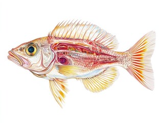 Fototapeta premium Detailed illustration of the internal structure of a fish, isolated on a plain white background, focus on clarity