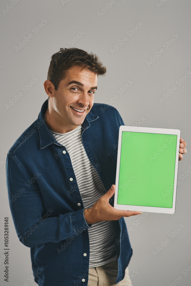 Aufkleber green screen, portrait and tablet with man in studio isolated on gray background for advertising or 
