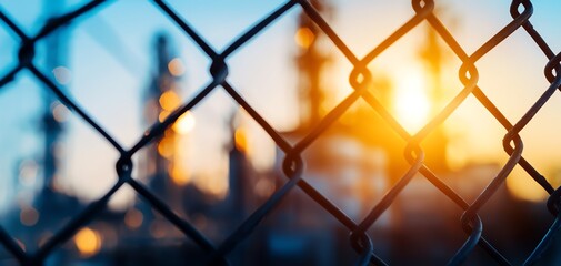 Fototapeta premium Industrial scene with a blurred background, showcasing a fence and warm sunlight during sunset.