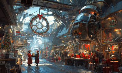 bustling Christmas market with futuristic twist, filled with festive cheer and steampunk elements