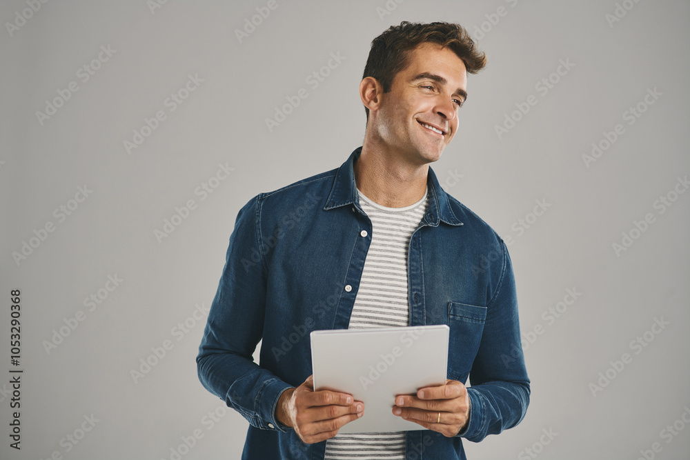 Aufkleber idea, smile and tablet with man in studio isolated on gray background for app download or update. ec