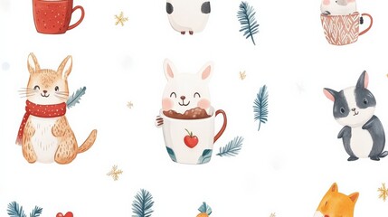 Cute Animals Enjoying Hot Cocoa in Playful Design