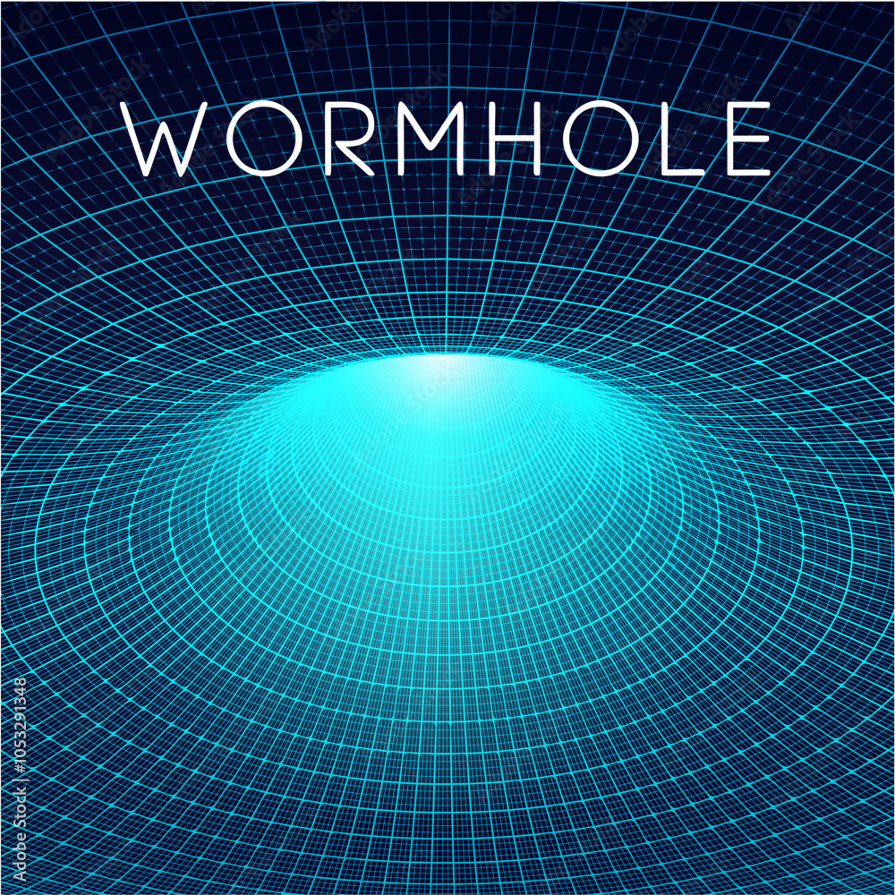 Wall mural bright wormhole concept with grid lines converging at the center of a glowing tunnel.