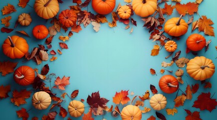 Fototapeta premium autumn leaves and multicoloured pumpkins on blue background. Place for text. Thanksgiving day card