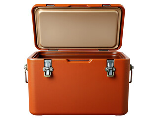 An orange cooler with its lid open, showcasing ample storage space for food and beverages.