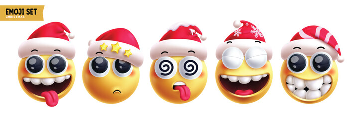 Emoji christmas santa characters vector set. Emojis xmas emoticon character in funny, naughty, smiling, dizzy, cute and happy  face wearing red hat reactions 3d elements collection. Vector 