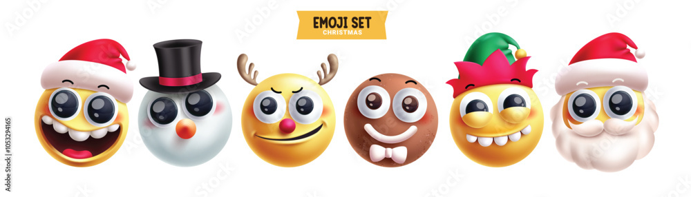 Wall mural emoji christmas characters vector set. emojis emoticon xmas character like snowman, reindeer, ginger