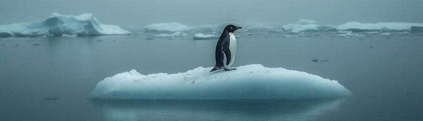 Fototapeta premium A lone penguin walking on a shrinking piece of ice in the Antarctic, symbolizing the vulnerability of wildlife due to melting glaciers