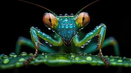A close-up portrait of a green praying mantis with dew drops on its body and leaves.