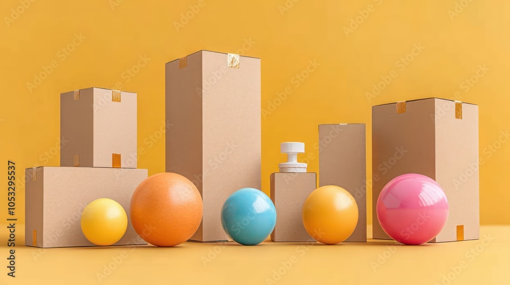 Aufkleber Dynamic composition of geometric shapes and packaging in vibrant tones on a bright background