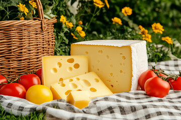 Assorted cheeses, bread, tomatoes , and beverages with a picnic basket and checkered cloth isolated on white background