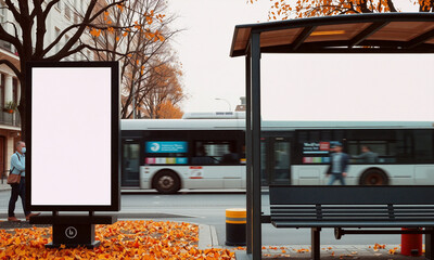 Bus stop in a city during autumn with empty advertisement space and public buses waiting