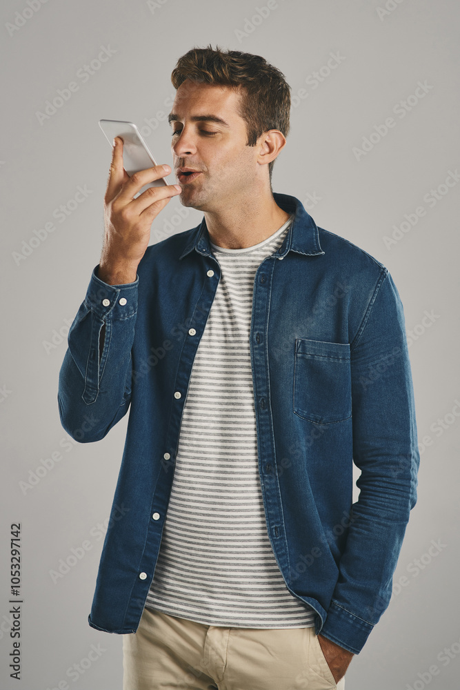 Poster man, studio and smartphone with voice note in white background for communication. male person, isola
