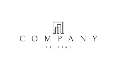 Fototapeta premium Vector logo with an abstract image of two residential buildings in a frame in a linear style.