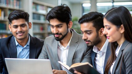 Indian MBA students studying together in a university library.
