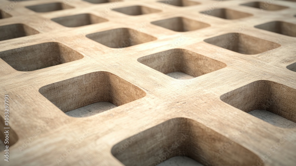 Aufkleber Close-up view of a textured wooden surface with cut-out squares and a natural finish for design inspiration