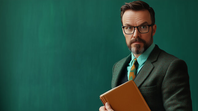 Teacher in professional attire holding notebook with a stern expression against green chalkboard background. v2
