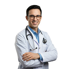 Fototapeta premium Smiling Male Doctor with Arms Crossed in Medical Uniform on Transparent Background
