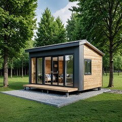 House on Wheels surrounded by big trees.  This is AI generated, property release is not required. 