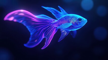 Fototapeta premium Stunning neon fish swimming gracefully in a dark underwater environment showcasing vibrant colors and ethereal beauty