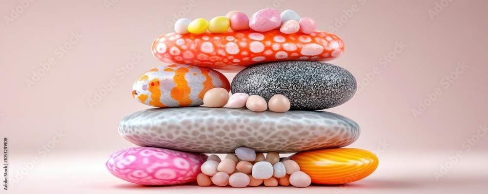 Poster a colorful display of decorative stones and eggs stacked in an artistic arrangement for creative ins