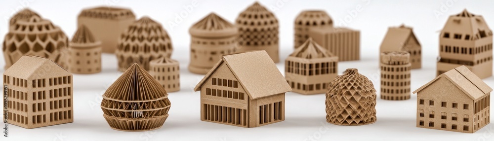 Poster intricately designed miniature architectural models crafted from cardboard for creative design inspi