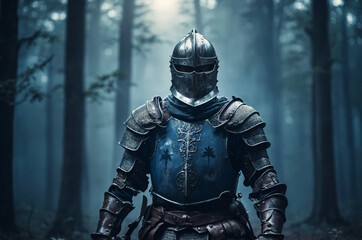 medieval warrior in armor , warrior in iron armor in the woods