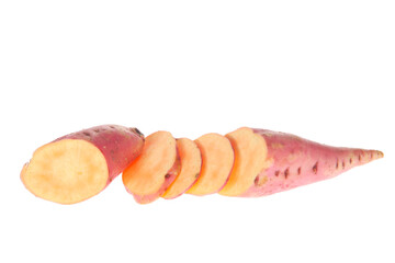 Ripe sweet potatoes on a white background