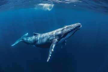 Fototapeta premium Blue whale in the ocean: large marine mammal in the wild