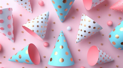 Fototapeta premium Party hats scattered on a pink background. AI.