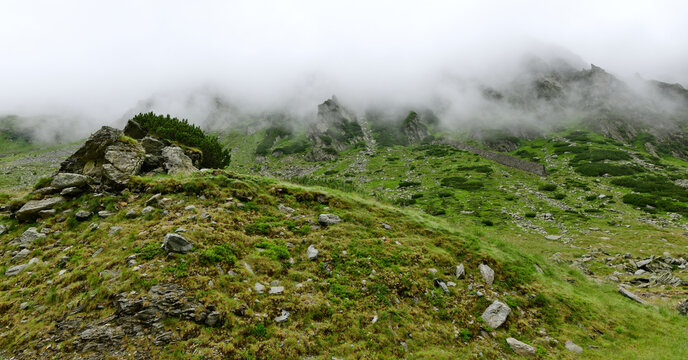 Gipfelregion des Moldoveanu im Nebel - Transfogarascher Hochstra&szlig;e, Făgăraș-Gebirge, Transsilvanische Alpen, Karpaten, Rum&auml;nien