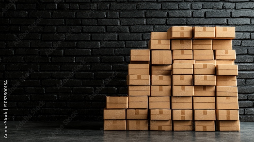 Poster stacks of cardboard boxes against a black brick wall a visual representation of shipping and storage