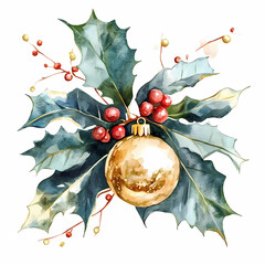 Elegant Gold Christmas Ornament with Holly - Perfect Art for Classy Seasonal Decor, generated ai