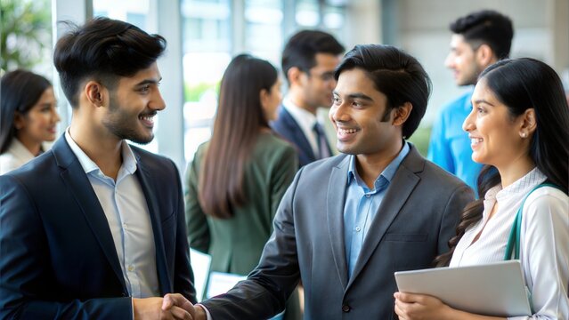 Indian students networking at a university career fair.
