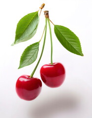 Cherry with leaves floating or flying isolated white background
